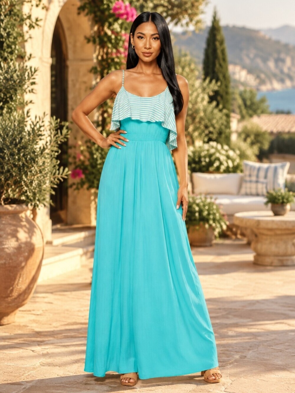 Emerald. Aqua Blue and Gray Ruffle Neck Spaghetti Strap Maxi Dress